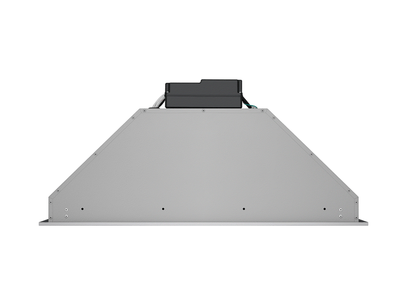 Profile view of a sleek 27 Inch 600 CFM Range Hood insert featuring a tapered stainless steel housing and slim mounting flange designed for a clean, modern kitchen installation