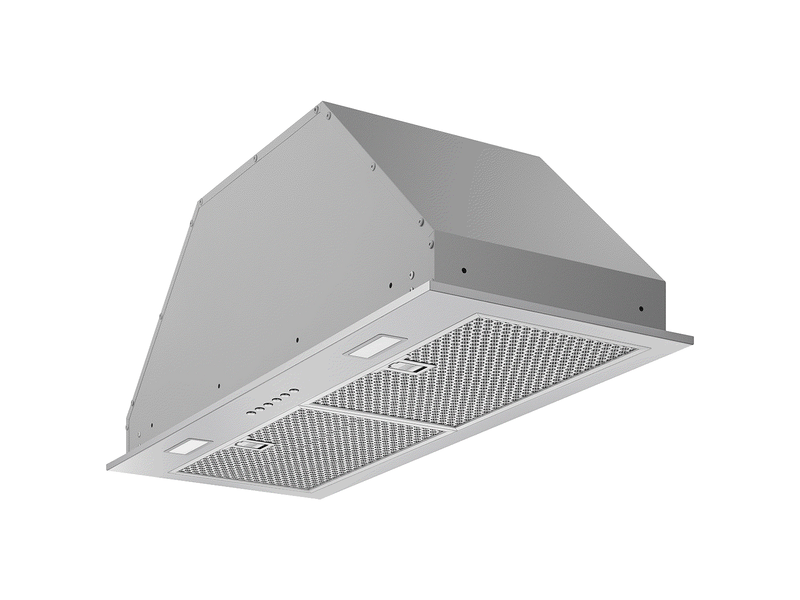 Bottom view of a sleek 27 Inch 600 CFM Range Hood insert, showcasing durable honeycomb filters and a low-profile design that fits seamlessly into modern kitchen cabinetry