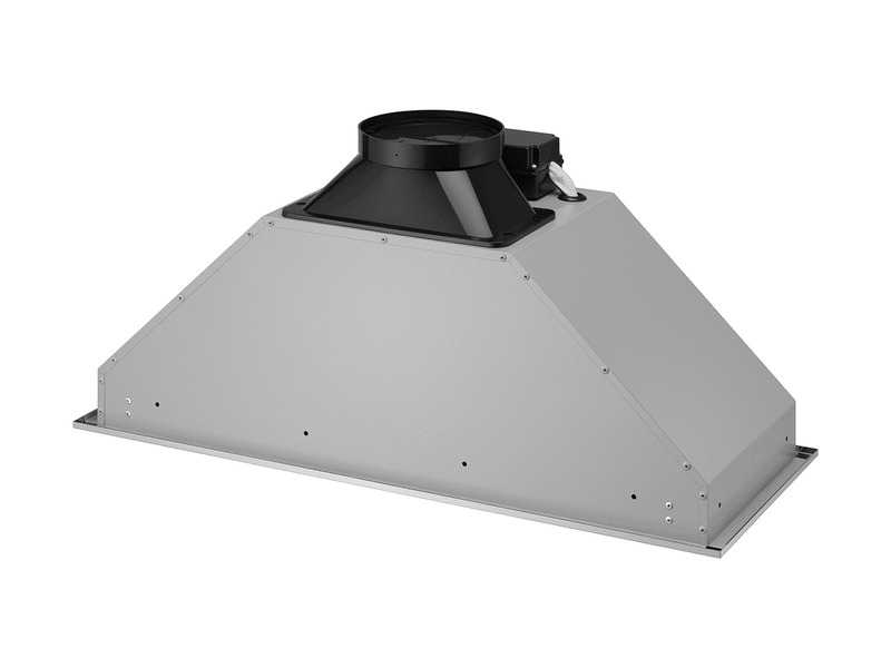 Rear isometric view of Victory Q1 30 Inch 600 CFM Range Hood with circular duct transition for top-venting installation