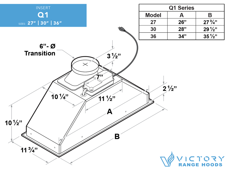 27 Inch 600 CFM Range Hood Insert - VICTORY Q1