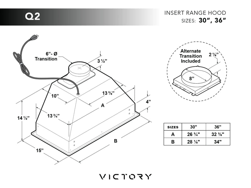 30 Inch Range Hood Insert with 450/600 CFM Remote Blower  - VICTORY Q2