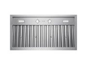 underside view of victory q2 range hood showing dual dimmable led lights, rotary control switches, and a full set of stainless steel baffle filters.