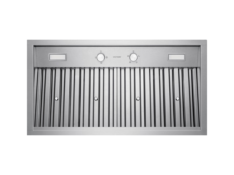underside view of victory q2 range hood showing dual dimmable led lights, rotary control switches, and a full set of stainless steel baffle filters.