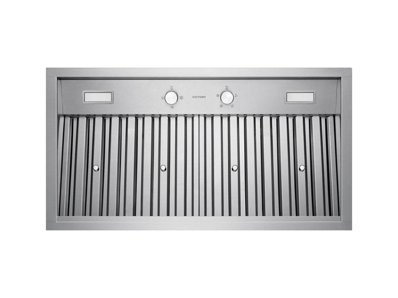 Victory Q2 30 Inch Range Hood Insert with 19-gauge stainless steel baffle filters, mechanical rotary controls, and dimmable LED lights for professional-grade performance and easy cleaning