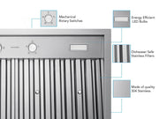 close-up of victory q2 range hood features including mechanical rotary switches, energy-efficient led bulbs, and dishwasher-safe 304 stainless steel baffle filters.