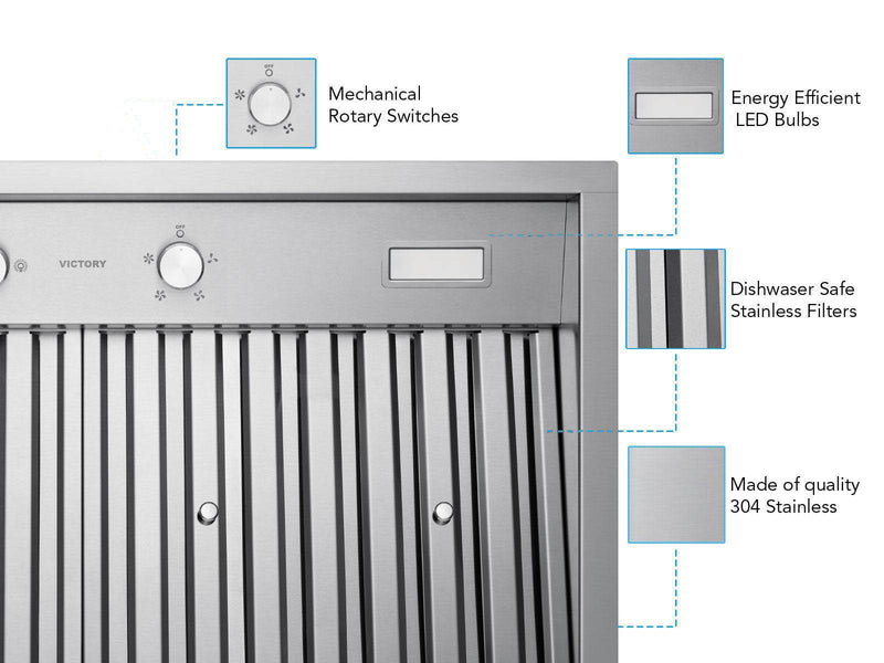 VICTORY Q2 features mechanical rotary switches, energy-efficient LED lights, and dishwasher-safe stainless steel baffle filters for lasting kitchen performance