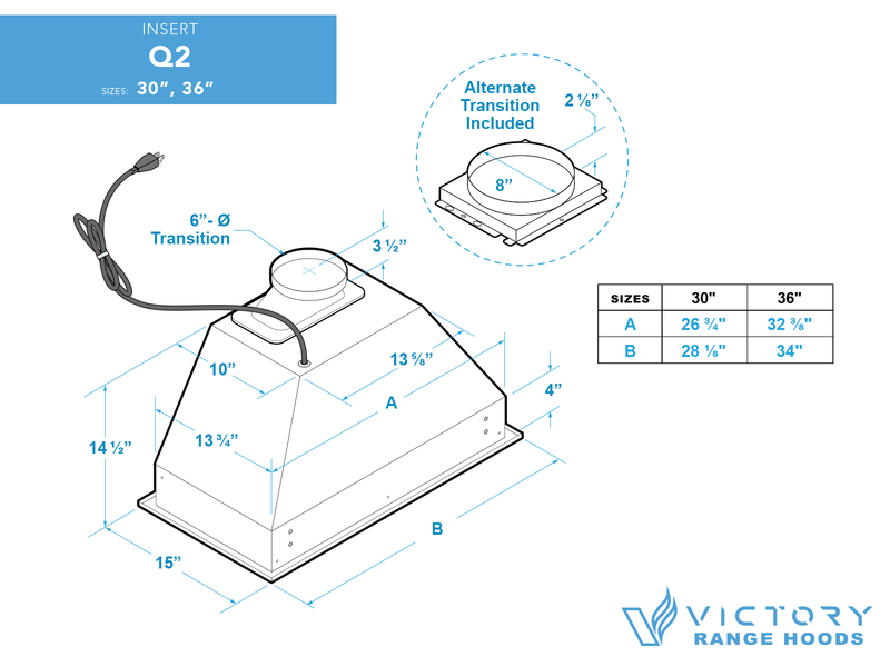 technical dimension diagram for victory q2 showing 30 inch and 36 inch size options, 6-inch and 8-inch duct transitions, and detailed cabinet mounting measurements.