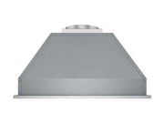 Rear view of the Victory Q2 range hood insert showing 19-gauge stainless steel construction, sloped rear design, and galvanized top exhaust collar for streamlined custom cabinet installation