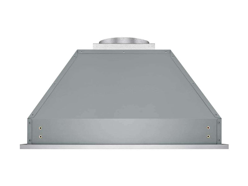 Rear view of the Victory Q2 range hood insert showing 19-gauge stainless steel construction, sloped rear design, and galvanized top exhaust collar for streamlined custom cabinet installation