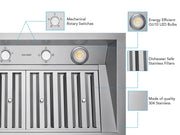 Technical diagram of the 36 Inch 700 CFM Range Hood Insert - VICTORY Q2 showing 304 stainless steel, rotary switches, and GU10 LED lights