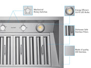 top view of victory q2 range hood insert showing the round exhaust duct transition and the electrical power cord placement.