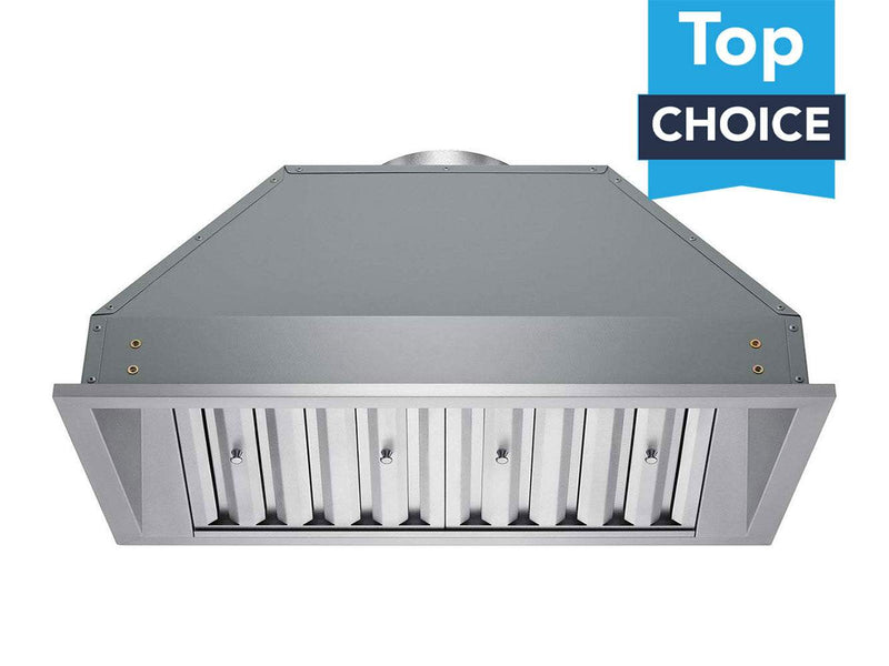 Under-view of the Victory Q2 42-inch range hood insert featuring professional stainless steel baffle filters