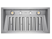 Underside view of the VICTORY Q2 showing the dual dimmable LED lights, mechanical rotary control knobs, and professional stainless steel baffle filters