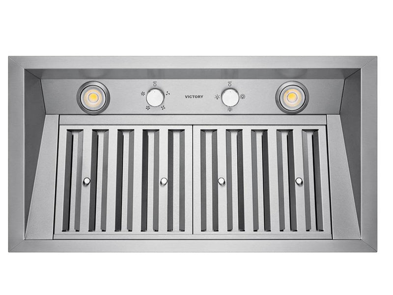 Underside view of the VICTORY Q2 showing the dual dimmable LED lights, mechanical rotary control knobs, and professional stainless steel baffle filters