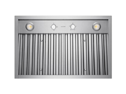 Underside view of Victory Q5 30 inch range hood insert featuring dual LED lights and commercial-grade stainless steel baffle filters