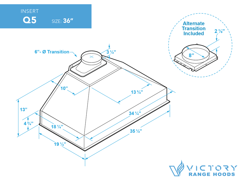 36 Inch 750 CFM Range Hood Insert - VICTORY Q5
