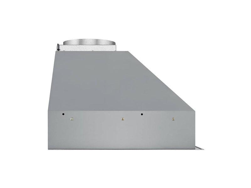 Front-angled view of the VICTORY Q5 range hood insert highlighting the sloped stainless steel canopy and mounting flange for cabinet installation