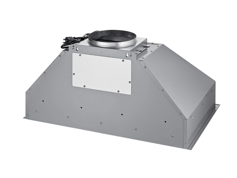 Top-down view of the VICTORY Q5 range hood insert showing the 8-inch exhaust vent and electrical connection measurements for installation