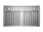 Underside view of the Victory Q5 insert showing stainless steel baffle filters, dual LED lights, and mechanical rotary knob controls