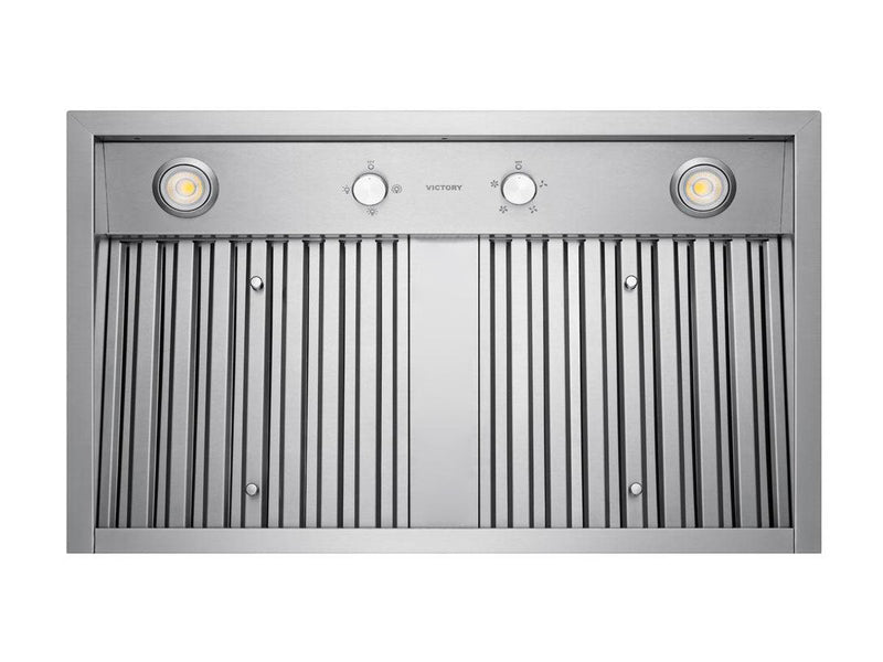 Underside view of the Victory Q5 insert showing stainless steel baffle filters, dual LED lights, and mechanical rotary knob controls