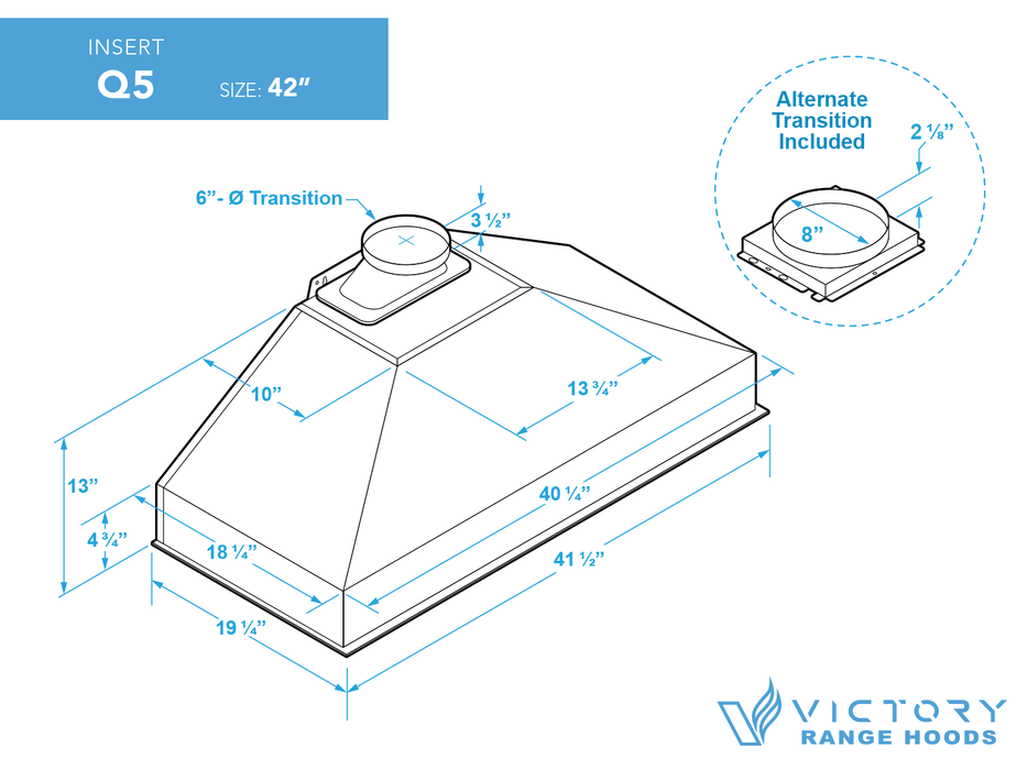 42 Inch 750 CFM Range Hood Insert - VICTORY Q5
