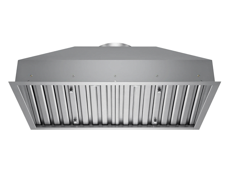 48 Inch 750 CFM range hood insert with stainless steel filters, metal blower, dimmable LED lights, designed for efficient smoke removal and easy cleaning