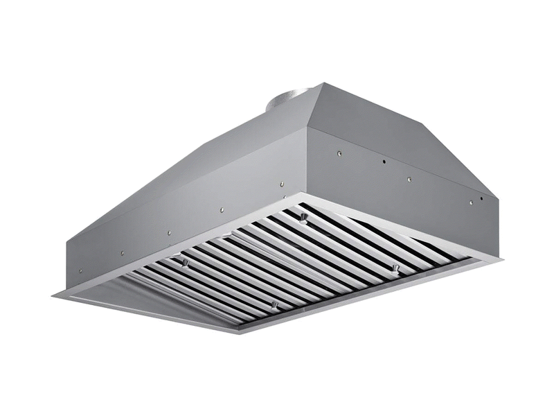 Angled underside view of the VICTORY Q5 range hood insert, showcasing the deep-set baffle filters and durable stainless steel construction