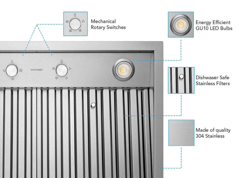 Detailed Victory Q5 diagram showing mechanical rotary switches, GU10 LED bulbs, dishwasher-safe baffle filters, and 304 stainless steel construction