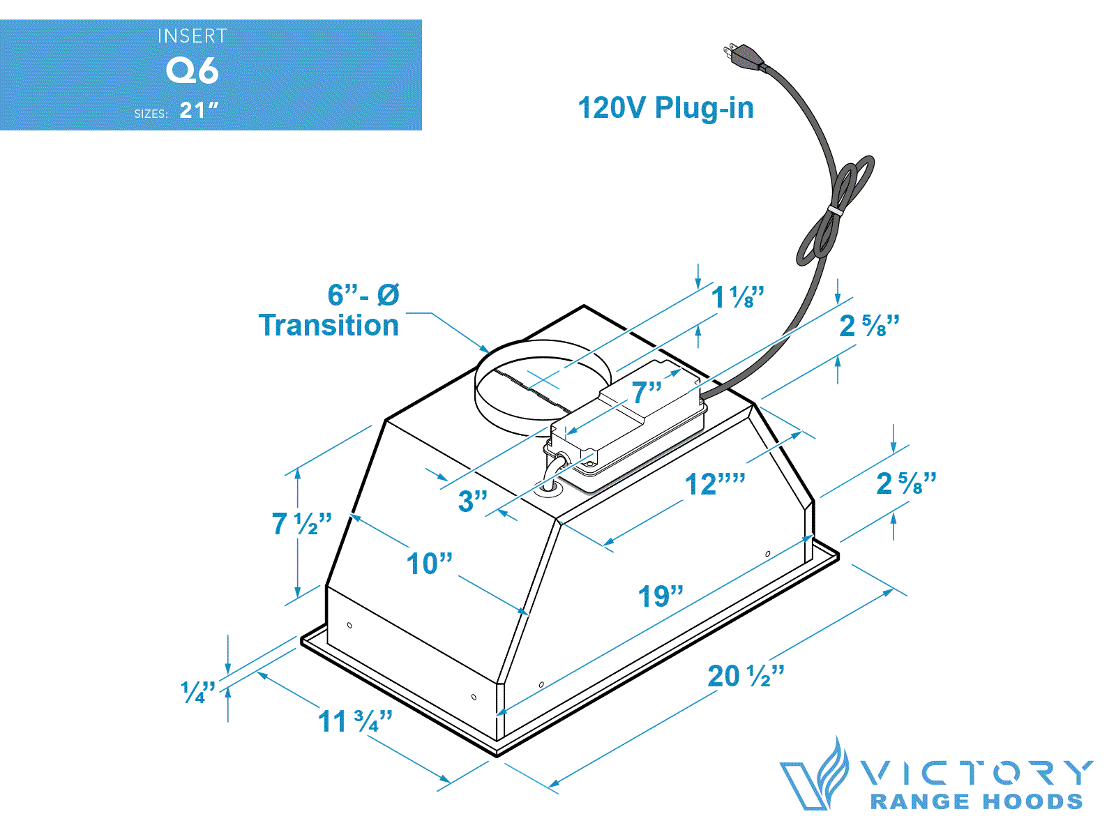 Range Hood Insert - 21 Inch 450 CFM - VICTORY Q6 — Victory Range Hoods