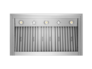 Underside view of the 42-inch range hood insert featuring three dimmable LED lights, heavy-duty mechanical rotary switches, and professional stainless steel baffle filters.