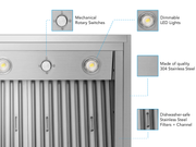 Victory Star range hood insert features including mechanical rotary switches, dimmable LED lights, and 304 stainless steel construction.