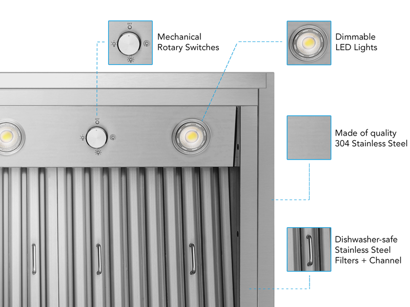 Victory Star range hood insert features including mechanical rotary switches, dimmable LED lights, and 304 stainless steel construction.
