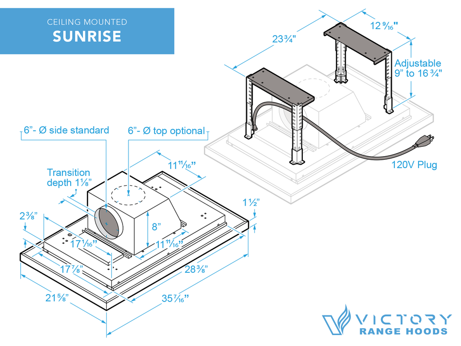 600 CFM Ceiling Mount Range Hood with Remote - VICTORY Sunrise