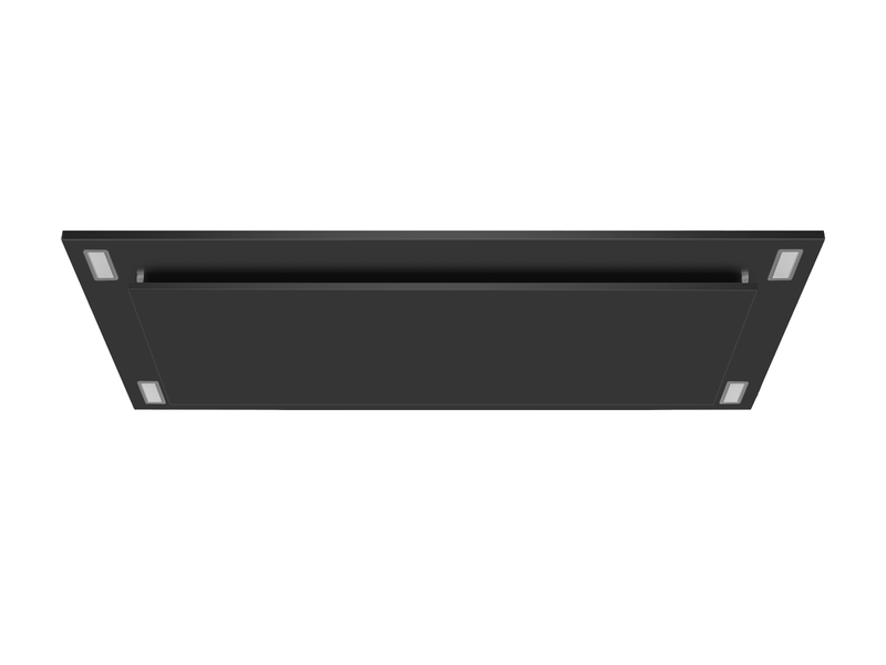600 CFM black flush ceiling mount range hood installed in modern kitchen ceiling