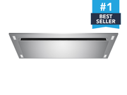 Victory Sunset ceiling mount range hood in stainless steel with flush design, perimeter suction intake, and integrated LED lighting. 