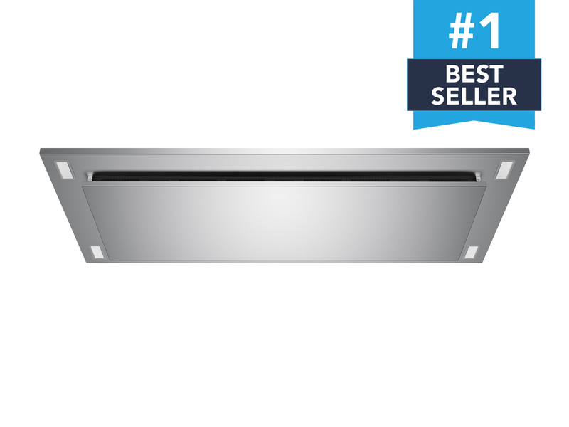 Victory Sunset ceiling mount range hood in stainless steel with flush design, perimeter suction intake, and integrated LED lighting. 