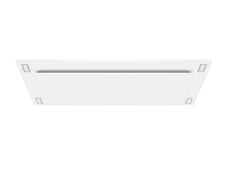 White VICTORY Sunset flush ceiling mount range hood featuring a matte powder-coat finish, four corner LED lights, and a perimeter suction panel for a seamless kitchen design.