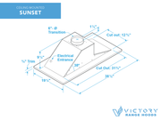 Technical dimension diagram of the Victory Sunset showing the 31-3/4" x 12-3/4" cutout size, 6-inch duct transition, and 38.5" overall width for a flush installation.