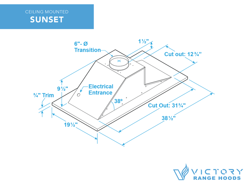 Technical dimension diagram of the Victory Sunset showing the 31-3/4" x 12-3/4" cutout size, 6-inch duct transition, and 38.5" overall width for a flush installation.