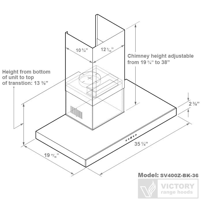 36 Inch 600 CFM Black Wall Mount Range Hood - VICTORY SV400Z-BK