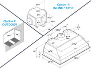 Installation diagram for a 1000 CFM remote blower system showing 8-inch ducting options for inline attic blowers or outdoor wall-mounted ventilation.