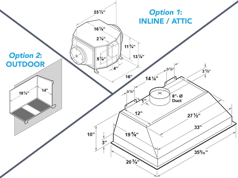 Installation diagram for a 1000 CFM remote blower system showing 8-inch ducting options for inline attic blowers or outdoor wall-mounted ventilation.