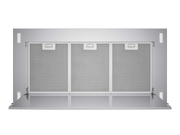 Bottom view of the Victory Sunset ceiling mount range hood showing three dishwasher-safe aluminum mesh grease filters, removable for easy cleaning.