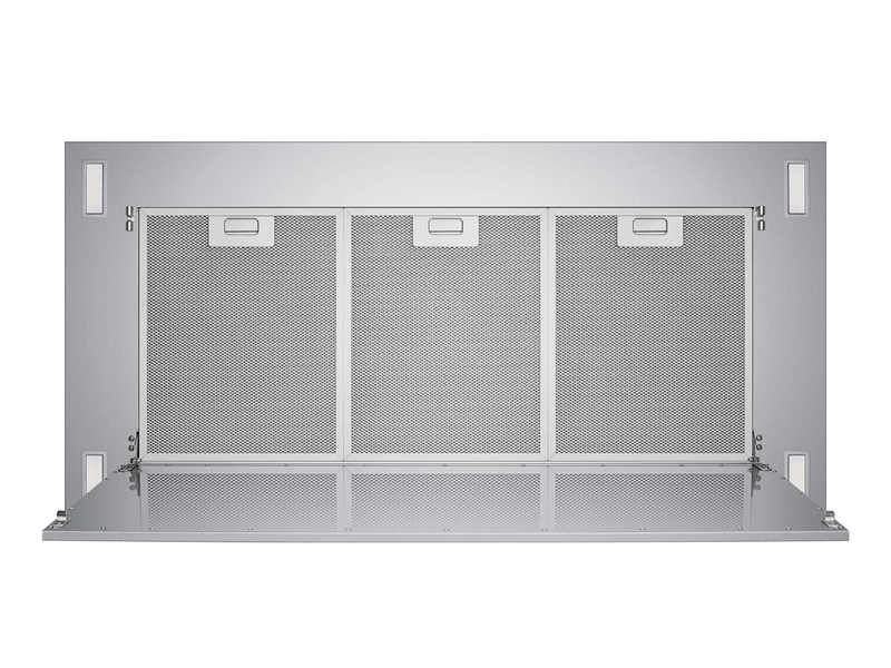 Bottom view of the Victory Sunset ceiling mount range hood showing three dishwasher-safe aluminum mesh grease filters, removable for easy cleaning.