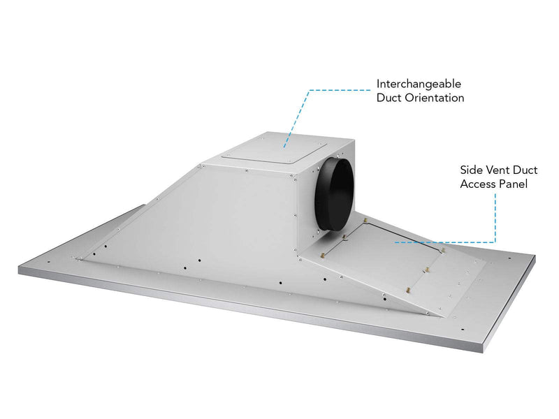 Exterior housing of the Victory Sunset showing interchangeable duct orientation and side vent duct access panel for flexible installation.