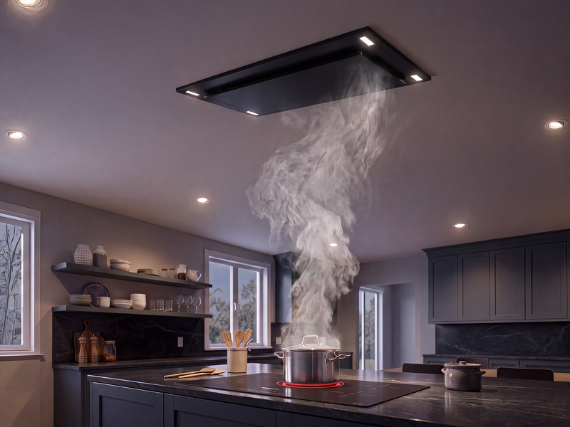 Hotte de cuisine encastrée au plafond, noire, 600 CFM - VICTORY Sunset