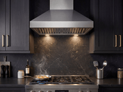 Victory TwisterMAX 36 Inch Wall Mount Range Hood installed above a gas range with LED lights and stainless steel baffle filters