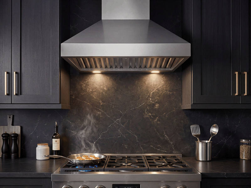 Victory TwisterMAX 36 Inch Wall Mount Range Hood installed above a gas range with LED lights and stainless steel baffle filters