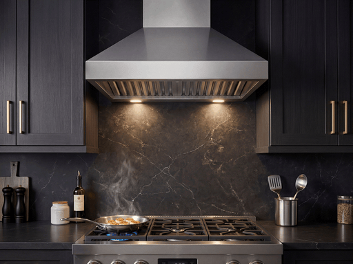 Victory TwisterMAX 36 Inch Wall Mount Range Hood installed above a gas range with LED lights and stainless steel baffle filters