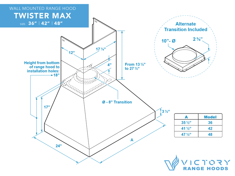 42 Inch Wall Mount Range Hood with 1200 CFM Remote Blower - VICTORY TwisterMAX